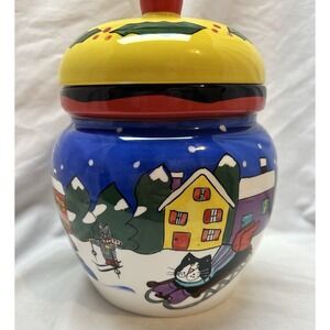 CATZILLA 2002 Candace Reiter Hand Painted Ceramic Winter Cat Treat Cookie Jar